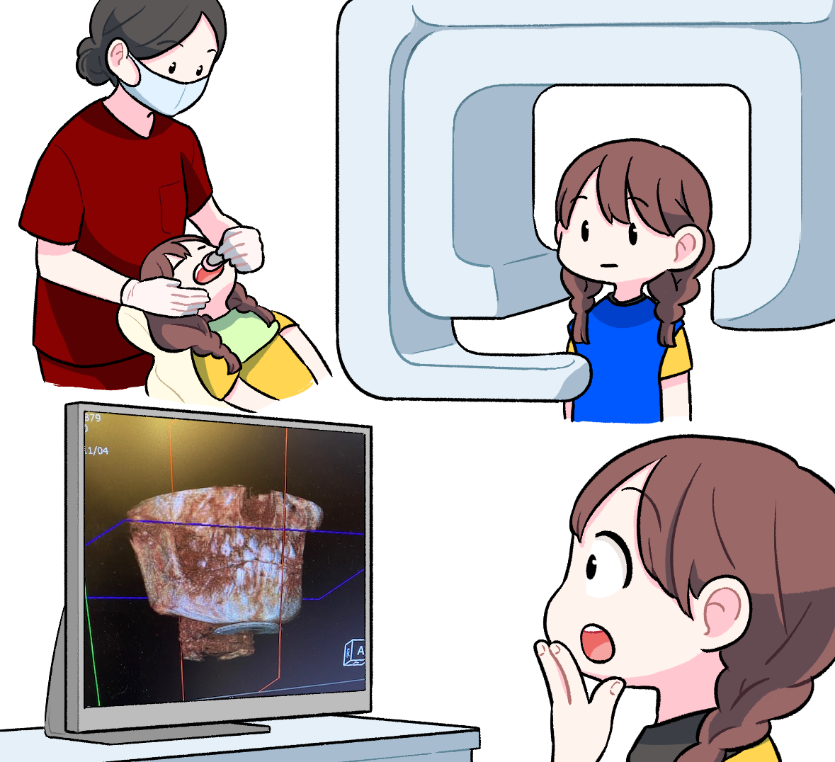 診察台でお口の検査を受けるミナちゃんや、機械でレントゲン撮影をしている様子。その後、モニターに映し出された自分の歯の立体的な3D画像を見て驚いている