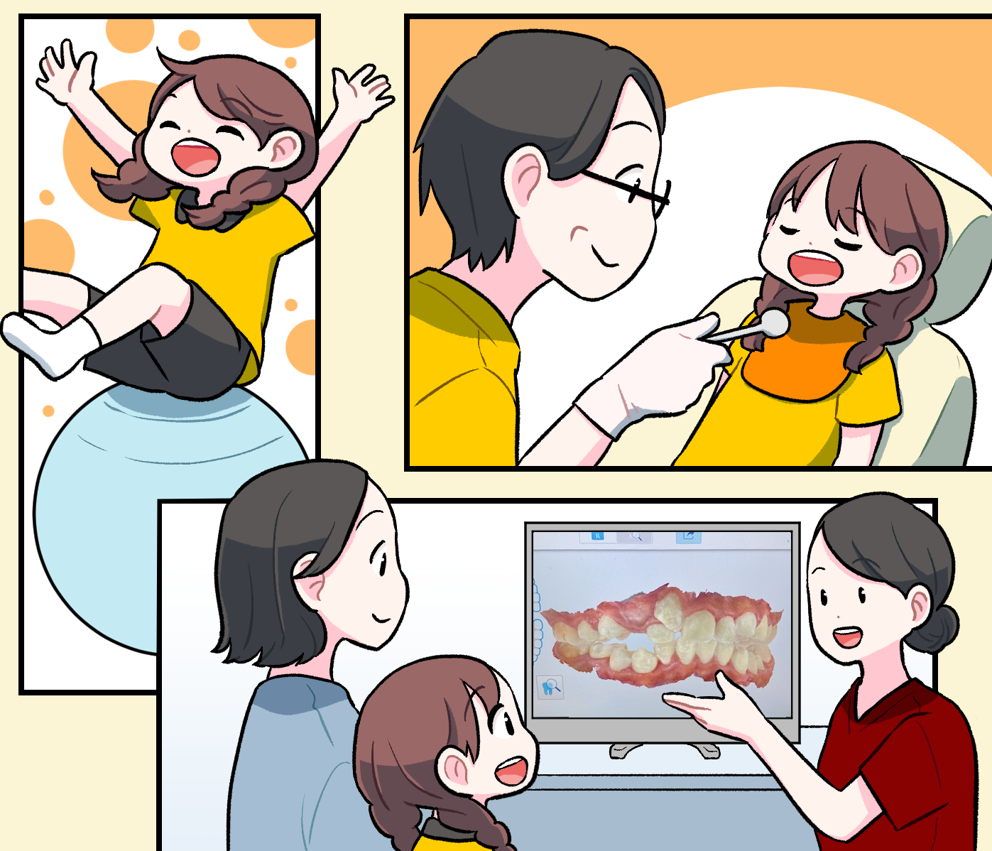 バランスボールで楽しく遊ぶミナちゃん、池上先生の診察を受ける様子、そしてお母さんと一緒にモニターの画像を見ながらスタッフの説明を聞いている場面
